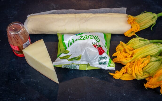 Ingredients for Anchovy and Zucchini Flower Pizza