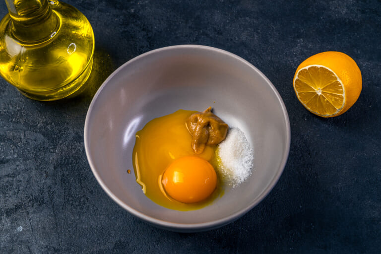 Classic mayonnaise: Combining egg yolks, sugar, salt, and mustard