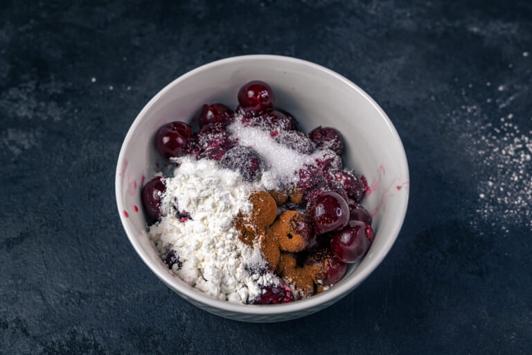 Cherry muffins: Adding sugar, cinnamon, and cornstarch