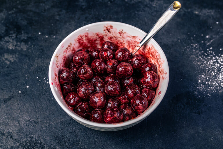 Cherry muffins: Mixing the berries with cornstarch