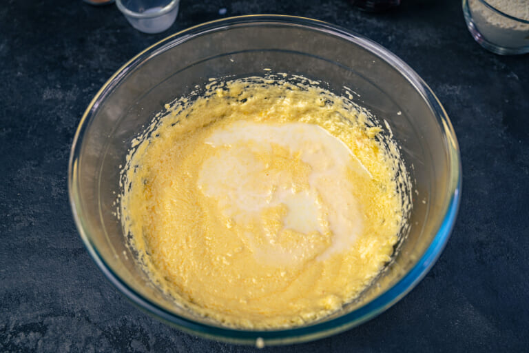 Cherry muffins: Adding milk and mixing again