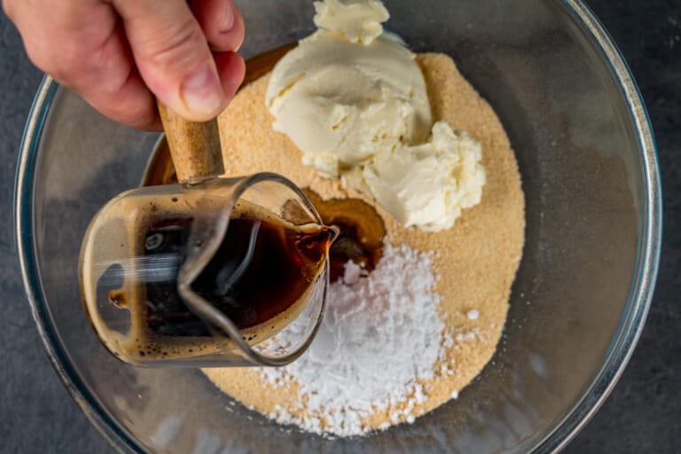 Coffee added to the bowl with crushed cookies
