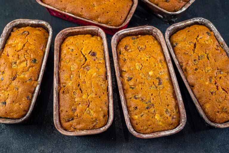 Baking the classic Christmas fruit cake until done in the cake tin