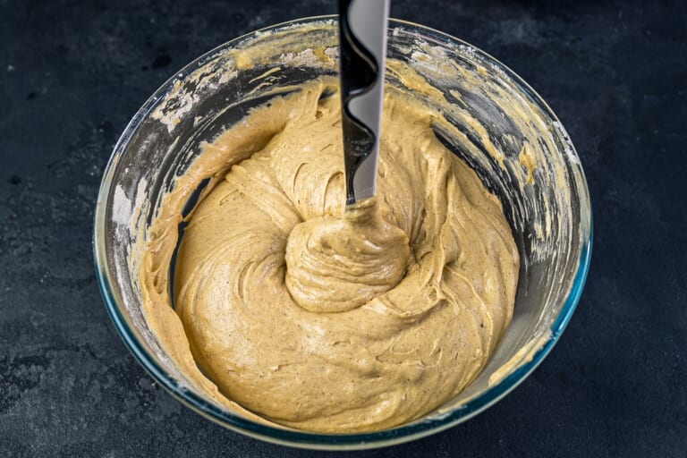 Making the thick cake batter for British Christmas Cake with Candied Fruit