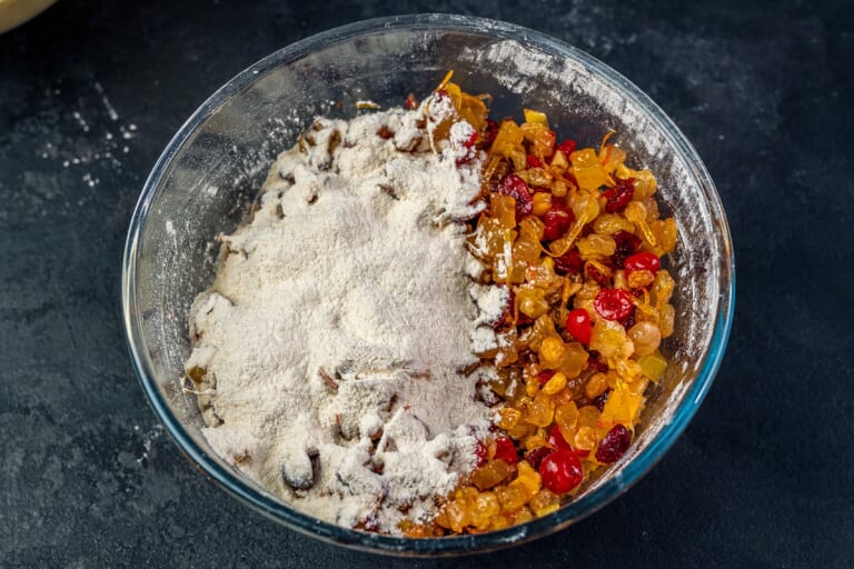British Christmas Cake coating dried and candied fruits with flour