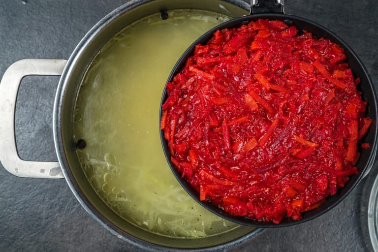 Ukrainian Borscht: Adding the Vegetable Base to the Broth