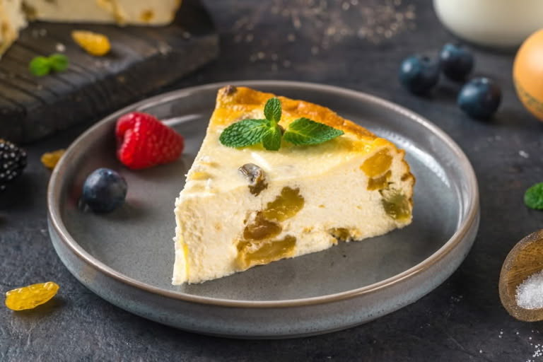 Slice of delicious Ukrainian-style Farmer's Cheese Zapekanka with raisins.