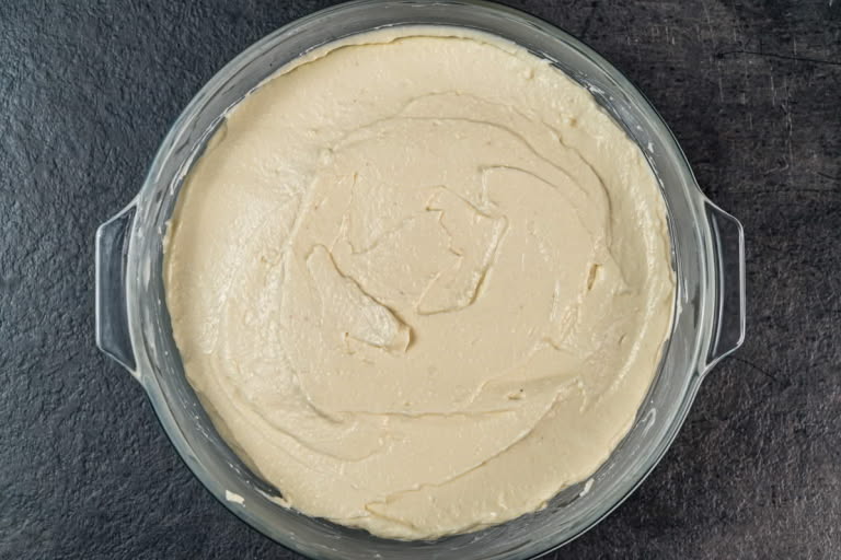 Step 6: Russian Farmer's Cheese Cake batter in an 8x8 inch baking dish before baking. Step 6: Russian Farmer's Cheese Cake batter in an 8x8 inch baking dish before baking.