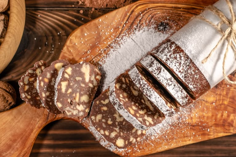 Slices of no-bake chocolate salami
