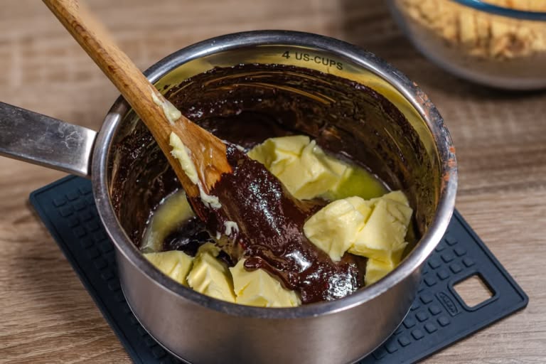 Adding a stick of butter to the warm chocolate mixture in the saucepan to create a rich base.