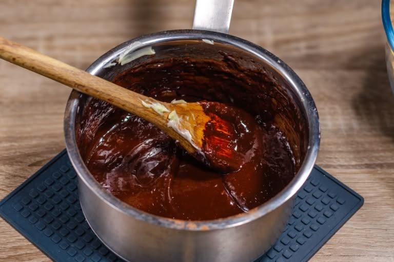 The smooth, glossy chocolate sauce cooling in the saucepan after being removed from the heat